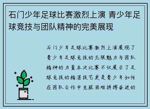 石门少年足球比赛激烈上演 青少年足球竞技与团队精神的完美展现