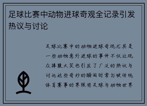 足球比赛中动物进球奇观全记录引发热议与讨论