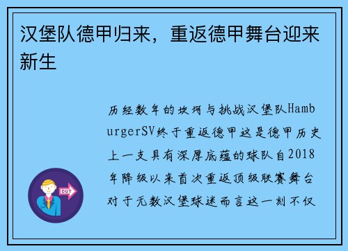 汉堡队德甲归来，重返德甲舞台迎来新生