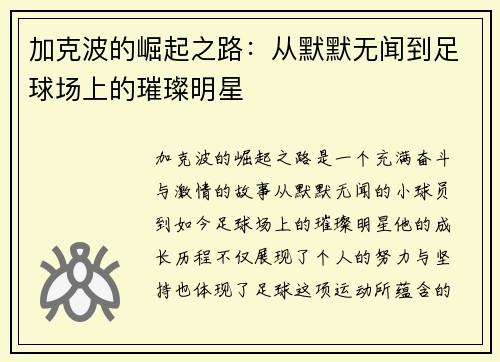 加克波的崛起之路：从默默无闻到足球场上的璀璨明星