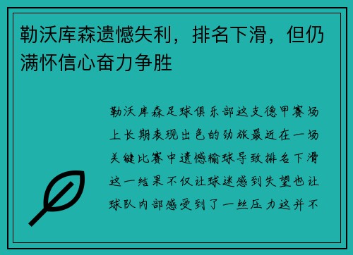 勒沃库森遗憾失利，排名下滑，但仍满怀信心奋力争胜