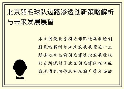 北京羽毛球队边路渗透创新策略解析与未来发展展望